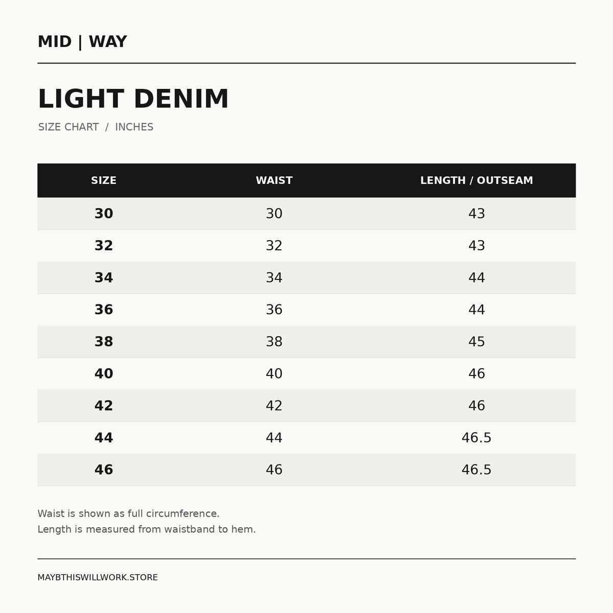 Light Denim size chart: sizes 30–46, waist and length in inches.