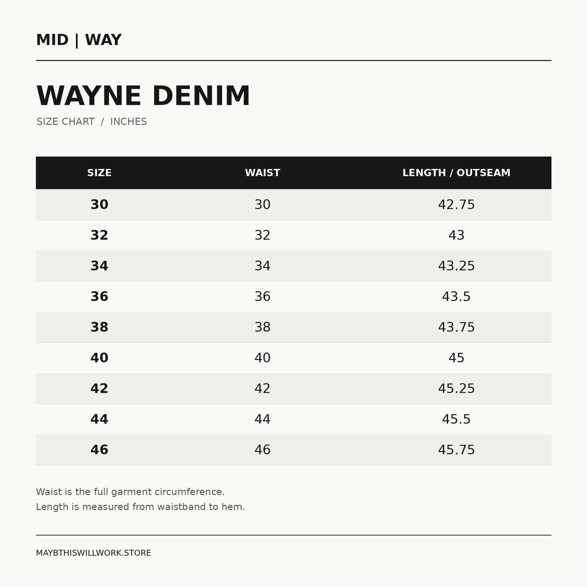 Wayne Denim size chart in inches: waist and outseam, sizes 30–46.