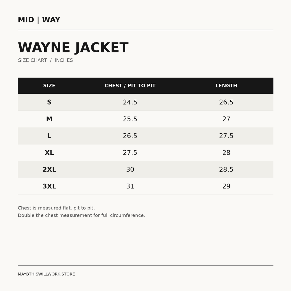 Wayne Jacket size chart in inches: chest measured pit to pit and length, sizes S–3XL.